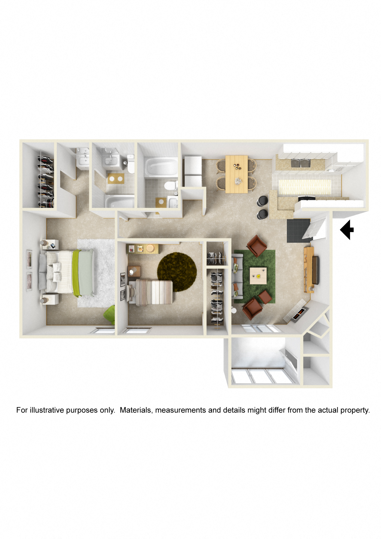 Floor plan for 2 beds, 2 baths, 1050 sqft